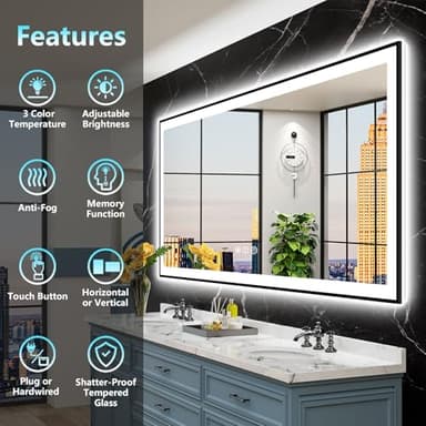 AWANDEE 72x40 Black Framed LED Bathroom Mirror with Lights, Backlit + Front Lit, Anti-Fog Lighted Vanity Mirror for Bathroom Wall with 3 Colors, Stepless Dimmable, Memory, Tempered Glass, ETL Listed - Image 2