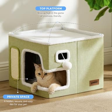 ZOMISIA Heated Cat House for Indoor Cats - Cat Warming Bed for Winter with Fluffy Ball Hanging and Adjustable Heating Pad, Foldable Cat Hideaway,16.5x16.5x13 inches, Grey - Image 7