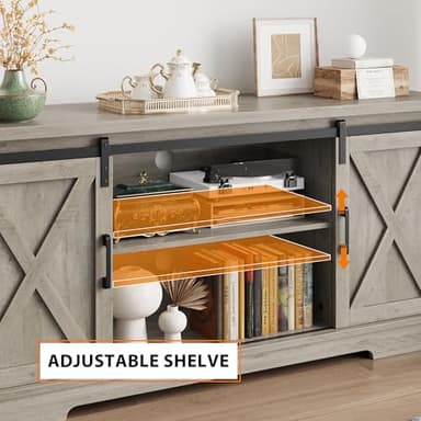 IDEALHOUSE Farmhouse Tv Stand for 65 Inch TVs, Entertainment Center with Sliding Barn Doors and Adjustable Shelf, Modern Storage Media TV Console TV Stand Table for Living Room, Bedroom, Grey - Image 5