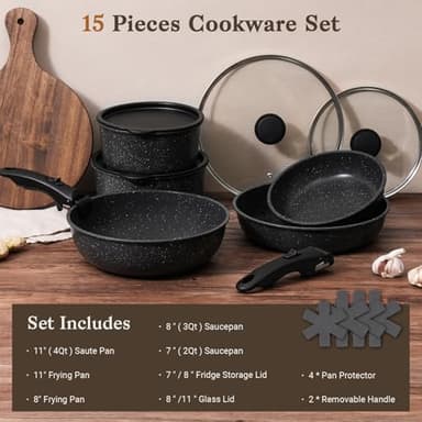 SODAY 15Pcs Pots and Pans Set Non Stick, Cookware Sets with Detachable Handle, Nonstick RV Kitchen Cooking Tools Removable Handles, Oven Safe, Induction Fast, Stackable Induction Cookware,Black - Image 2