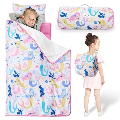 Safotad Toddler Nap Mat with Pillow & Blanket, 54"x33" Portable Roll-Up Design - Soft, Washable, Lightweight Toddler Sleeping Bags - Great for Preschool, Daycare, Pink - Image 1