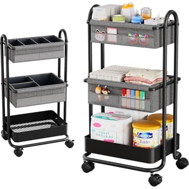 Modanais Baby Diaper Caddy Organizer Cart - 3 Tier Rolling Storage Cart with Wheels, Baby Essentials for Nursery Storage, Detachable Dividers - for Crib, Bedroom, Art & Craft Organizer (Black) - Image 1