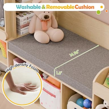 MU Kids Bookshelf with Reading Nook, Wooden Toy Storage Organizer with Chalkboard and Bench, Kids Reading Nook for Boys & Girls, Toddler Toy Shelf for Bedroom, Nursery, Playroom, Natural Oak - Image 4