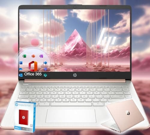 HP 14 Ultrabook • Intel 4-Core CPU • Limited Edition with Microsoft 365 • 4GB RAM • 1.6TB Storage (128GB OnBoard withHP 512GB P500 Portable SSD + 1TB OneDrive) • Rose Gold • Win 11 (Renewed) - Image 1
