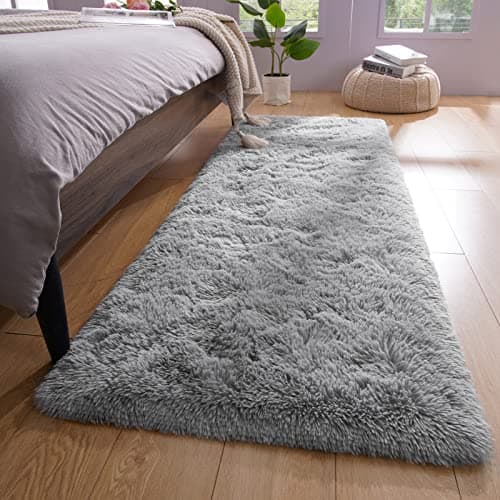 YJ.GWL Shag Runner Rug Non Slip for Bedroom Living Room Soft Small Rugs for Dorm, 2x6 Feet Grey Plush Carpet Runner for Nursery Dorm, Fuzzy Bedside Rug for Kids Boys Girls Room Home Decor - Image 1