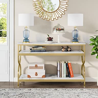 Tribesigns 3-Tier Console Table, 55 inch Sofa Table with Open Storage Shelves, Narrow Long Hallway/Entryway Table with Faux Marble Top for Home Living Room Entryway, White & Gold - Image 3