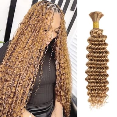 12A #27 Honey Blonde Human Braiding Hair for Boho Braids 1 Bundle 18 Inch 50g Deep Wave Braiding Hair for Bohemian Knotless Braids 100% Unprocessed Virgin Bulk Hair Extensions No Weft - Image 1