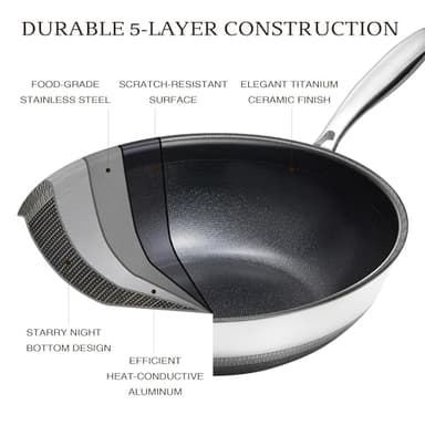 KITEXPERT Non Stick Wok Pan with Lid,12" Titanium Ceramic Pan Nonstick Stainless Steel Stir-fry Pans, PFAS PFOA & PTFE Free, Quick-Cool Handle, Dishwasher & Oven Safe, Compatible with All Cooktops - Image 4