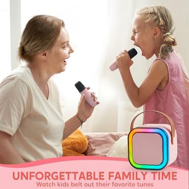 SYNCFUN Karaoke Machine, Mini Karaoke Machine with 2 Wireless Microphones for Kids and Adults, Bluetooth Speaker Toys, Birthday Girls Gift for Ages 3,4, 5, 6,7, 8,9,10,11,12+ Years Old(Pink) - Image 2