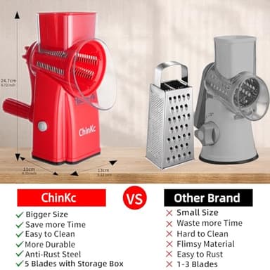 ChinKc Rotary Cheese Grater Shredder - Upgraded 5 in 1 Cheese Grater with Handle and Strong Suction Base, Multi-purpose Julienne Slicer Ice Shaver Nuts Grinder for Ice, Vegetables, Fruit, Nuts - Image 2