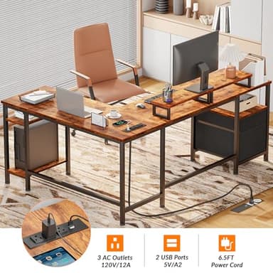 Furologee 66” L Shaped Desk with Power Outlet, Reversible Computer Gaming Desk with File Drawer & 2 Monitor Stands for Home Office with Storage Shelves, Rustic Brown - Image 5