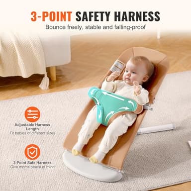 VEVOR Baby Bouncer, Folding Bouncer Seat for Babies 0-9 Months, Newborn Bouncer Chair with 2 Reclining Angles & 3-Point Harness, Portable Infant Rocker with Carrying Bag for Indoors Outdoors, Camel - Image 5