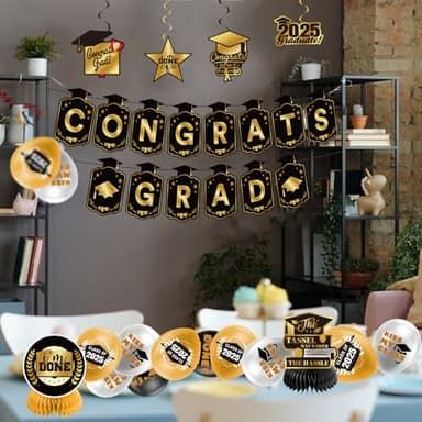 Graduation Decorations 2025 Gold Themed Set - Congrats Grad Banner, Class of 2025 Backdrop, Balloons & Streamers Kit - Complete Party Supplies for High School & College Celebrations - Image 5