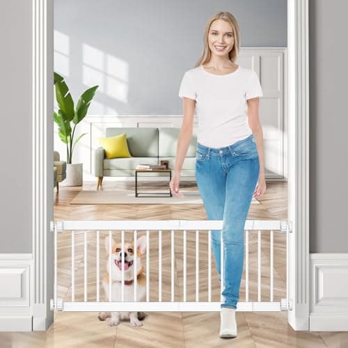 Fldofaves Dog Gate - 18"-45" Adjustable Extra Wide Metal Baby Gate to Step Over, 10" Tall Small Pet Gate with 3 Extension Kits, Pressure Mounted for Doorways & Stairs - Image 1