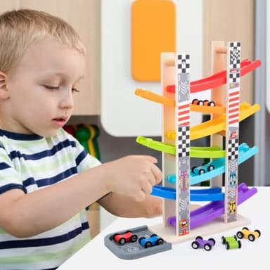 Wood City Toddler Toys for 1 2 3 Years Old, Wooden Car Ramp Racer Toy Vehicle Set with 7 Mini Cars & Race Tracks, Montessori Toys Craft Gift for Toddlers Boys and Girls - Image 2