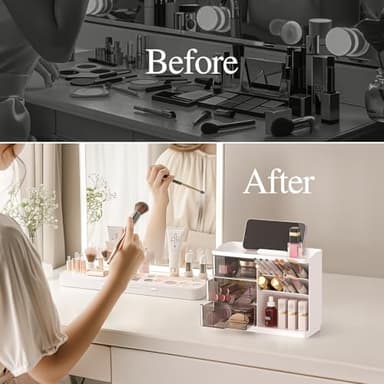 Delamu Makeup Organizer with Drawers, Multi-Function Vanity Organizer Countertop, Stackable Desk Organizer for Makeup Brush Lipstick Skincare Bathroom Vanity Organization and Storage, White - Image 3