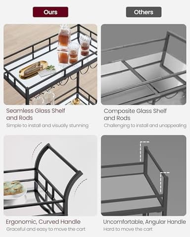 VASAGLE Bar Cart Black, Home Bar Serving Cart, Wine Cart with 2 Mirrored Shelves, Wine Holders, Glass Holders, for Kitchen, Dining Room, Black ULRC090B62 - Image 7