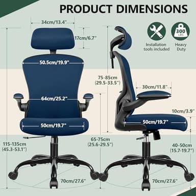 FelixKing Ergonomic Office Desk Chair with Headrest, Wheels, Adjustable Lumbar Support and Height, Swivel Comfy Task Chair with Flip-up Armrests, Ergo Mesh Backrest for Working (Navy) - Image 2