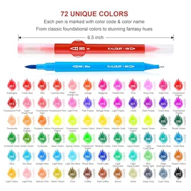 KALOUR 72 Art Markers Pens Set, Dual Tip Brush and Fine Point, Color Number and Name, Zipper Case, Adult Coloring, Lettering, Drawing - Image 3