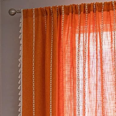 Sutuo Home Orange Boho Curtains for Bedroom Living Room,Terracotta Semi Blackout Linen Farmhouse Shabby Chic Tassels Window Treatment Bohemian Embroidery Drape, Rod Pocket 1 Panel 52" W x 96" L - Image 4