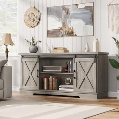 IDEALHOUSE Farmhouse Tv Stand for 65 Inch TVs, Entertainment Center with Sliding Barn Doors and Adjustable Shelf, Modern Storage Media TV Console TV Stand Table for Living Room, Bedroom, Grey - Image 3