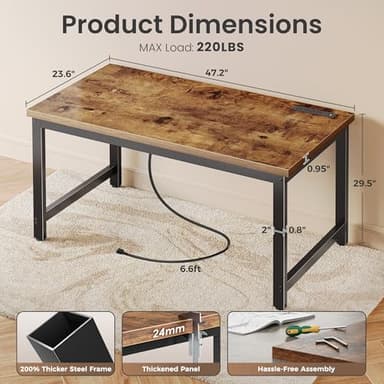 Huuger 48 x 24 inch Desk with Power Outlets & USB-C, Deeper & Thicker Desktop, Robust Metal Tubes, Computer Desk, Heavy Duty Office Desk, Work Gaming Desk for Home Office, Rustic Brown - Image 2