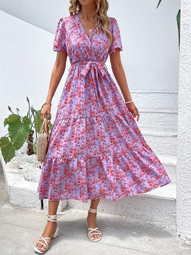 MASCOMODA Womens Summer Boho Maxi Dress Floral Wrap V Neck Flutter Short Sleeve Tie Waist A Line Tiered Flowy Long Dresses(Purple and Red,XX-Large) - Image 3
