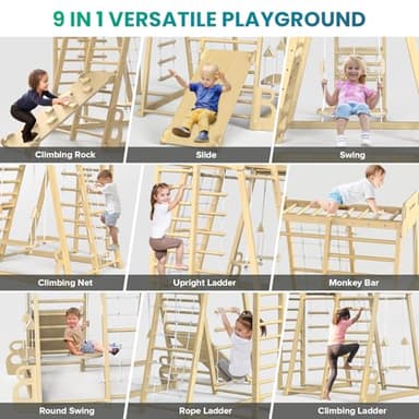 Upgraded Indoor Jungle Gym 9-in-1 Playground Kids Climbing Toys, Montessori Philosophy Waldorf Style Wooden Climber Playset with Slide, Swing, Monkey Bars, Upright/Rope Ladder, Climb Net, Natural Wood - Image 3