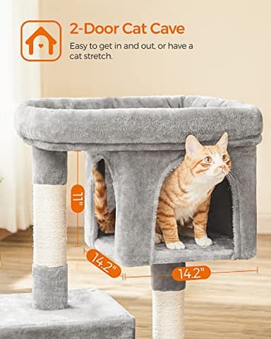 Feandrea Cat Tree, 33.1-Inch Cat Tower, L, Cat Condo for Large Cats up to 16 lb, Large Cat Perch, 2 Cat Caves, Scratching Post, Light Gray UPCT61W - Image 3