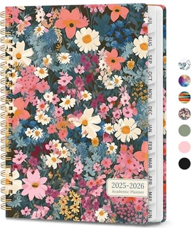 Academic Planner 2025-2026, Weekly and Monthly Calendar Planner Book, July 2025 – June 2026, Hardcover Organizer with Tabs, Perfect for Teachers, Students, Women & Men, A5 (6.4" x 8.5") - Flower - Image 1