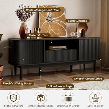 MAISONARIA 63" Black TV Stand, Fluted Entertainment Center for TVs up to 70'', Modern TV Stand with Storage, Entertainment Center with Sliding Doors, Wood Media Console for Bedroom, Living Room - Image 4