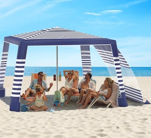 Rhino Valley Beach Cabana, 8 * 8FT Beach Tent UPF50+ Protection, Easy Setup Beach Canopy Wind Resistant with Cup Holder, Compact Beach Shade Foldable Beach Tent Sun Shelter, Blue & White Stripes - Image 1