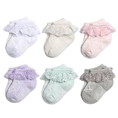 EPEIUS 6 Pair Pack Toddlers Baby-Girls Eyelet Frilly Lace Socks Princess Ankle Socks White/Pink/Ivory/Green/Purple/Grey 12-24 Months,Toddler Shoe Size 5-9 - Image 1
