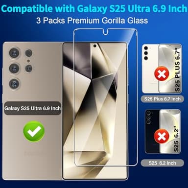 3 Pack Screen Protector for Samsung Galaxy S25 Ultra 6.9 Inch, 9H Tempered Glass, Ultrasonic Fingerprint Unlock, Case Friendly Tempered Glass Screen Protector for Samsung Galaxy S25 Ultra - Image 2