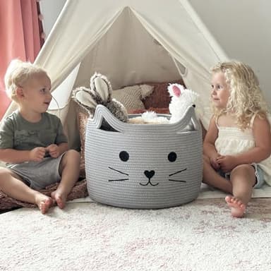 HiChen Large Woven Cotton Rope Storage Basket, Baby Laundry Basket Organizer for Towels, Blanket, Toys, Clothes, Gifts | Pet Gift Baskets for Cat, Dog - 15.7" L×11.8" H, Gray - Image 7