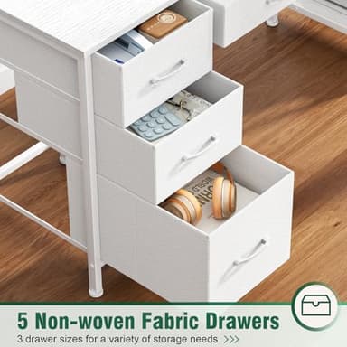 Korfile Computer Gaming Desk with Hutch, Home Office Desk with Power Outlets, LED Light, 5 Storage Drawers, 2 Tiers Shelves for Display, 47 Inch Modern Study Writing Table for Bedroom, White - Image 5