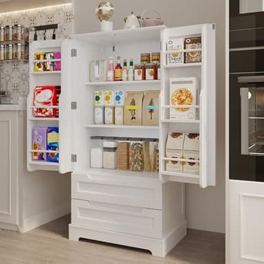Gizoon Kitchen Pantry Storage Cabinet with Drawers Freestanding Bathroom Storage Cabinets with Doors and Shelves, 47" Small Food Pantry Cabinet for Dining Room Craft Room, White - Image 4