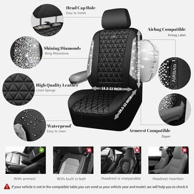 CAR PASS Bling Diamond Leather Car Seat Covers Full Seats Interior Sets, Waterproof Shining Glitter Sparkly Crystal Universal Armrest Fit Automotive Truck SUV Cute Women Girl, Black Silver Rhinestone - Image 3