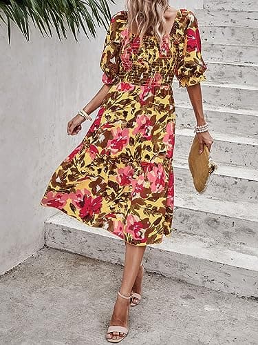PRETTYGARDEN Women's Summer Dresses 2025 Casual Midi Spring Puff Sleeve Square Neck A Line Flowy Ruffle Boho Floral Smocked Sundress (Light Yellow Red Flower,M) - Image 6