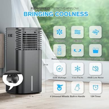 24" Windowless Portable Air Conditioner, 15H Timer & 120°Oscillation, 3-IN-1 Portable AC Unit with Remote, 2-Gal Tank, 3 Modes & 3 Speeds, Ultra-Quiet Ventless Swamp Cooler for Room Home Office, Inky - Image 2