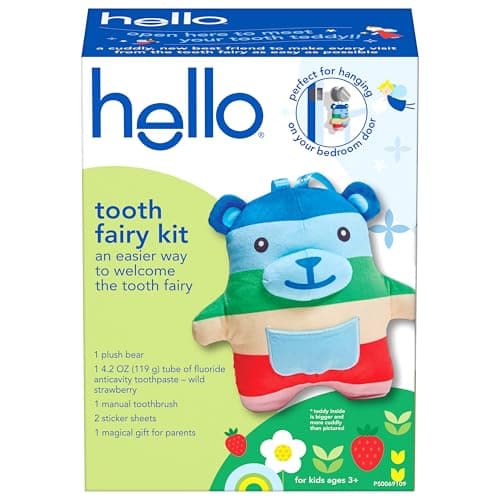 hello Tooth Fairy Kit with Tooth Fairy Door Hanger and Teddy Bear, Includes Full Size Fluoride Kids Strawberry Toothpaste and Kids Toothbrush, for Children Ages 3 and Up - Image 1