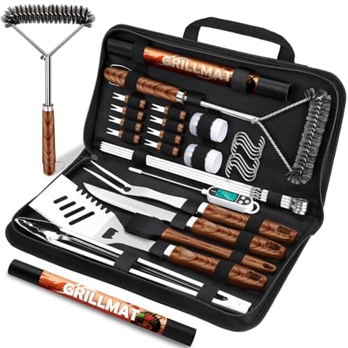 RINPIR 31pcs BBQ Grill Accessories Set for Men Dad, Heavy Duty Grilling Tools Gifts for Fathers Day, Stainless Steel BBQ Utensils Kit with Mats, Grill Brush in Carrying Bag Brown - Image 1