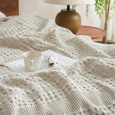 David's Home 100% Cotton Waffle Blanket Queen Size, Lightweight Breathable Soft Cooling Blanket for All Seasons, Gift for Women, Aesthetics Home Decor for Couch Sofa Bedding,Oatmeal,90x90 - Image 1