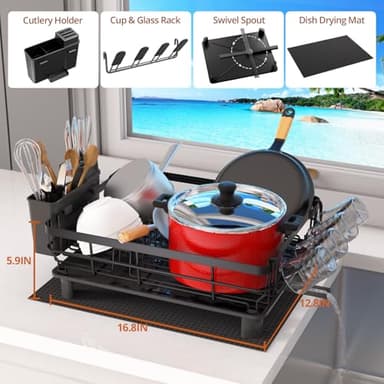 Godboat Dish Drying Rack, Dish Rack with Auto-Drain & Mat, Dish Drainers for Kitchen Counter, Glass Organizer for 4 Cups, 3 Slots Utensil Holder,Gifts for Women Mothers Day, Kitchen Gadgets & Decor - Image 3