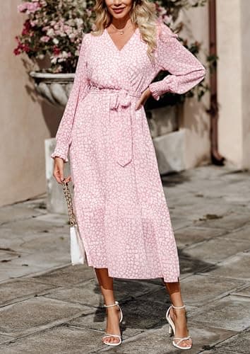 PRETTYGARDEN Women's Floral Boho Dress Fall Long Sleeve Wrap V Neck Ruffle Flowy Maxi Spring Wedding Guest Vacation Dresses (Pink,Small) - Image 5