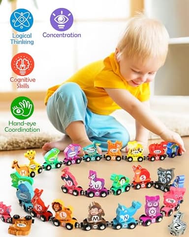 Vanmor Wooden Train Set for Toddlers - Snap-Connection Animal Trains, Magnetic Alphabet Train Learning Toys, STEM Preschool Toys, ABC and Animal Play Set for Kids Ages 3-5 - Image 4