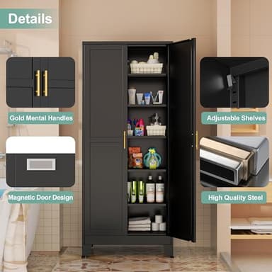 Metal Pantry Cabinet with 2 Doors and 5 Adjustable Shelves, 75" Kitchen Storage cabinets with Gold Handles, Versatile Storage for Laundry Room, Living Room, Bathroom, Dinning Room, Utility Room-Black - Image 4