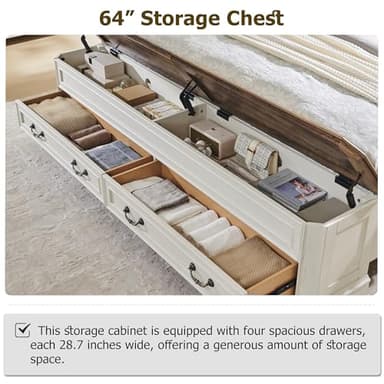 T4TREAM Farmhouse Queen Bed with Headboard and Storage Bench, Rustic Wood Platform Bed with 64" Storage Chest w/ 4 Large Drawer (Antique White) - Image 4