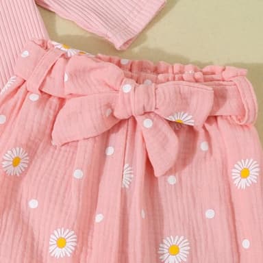 Kaipiclos Newborn Baby Girl Fall Outfits Letter Rib Knit Romper Daisy Belted Pants Headband Infant Clothes 0 3 6 12 18 Months (Pink, 12-18 Months) - Image 6