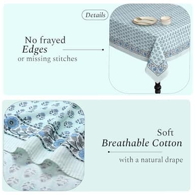 CPC Tablecloth 100% Cotton 70x118 Inch Indian Block Print Rectangle Table Cover, Washable Table Cloth for Weddings, Spring/Summer, Barbeque - Poppy Blue - Image 4
